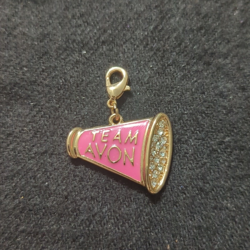 Avon Gold Tone Pink Enamel Clear Rhinestone Teal Avon Megaphone Charm Clip